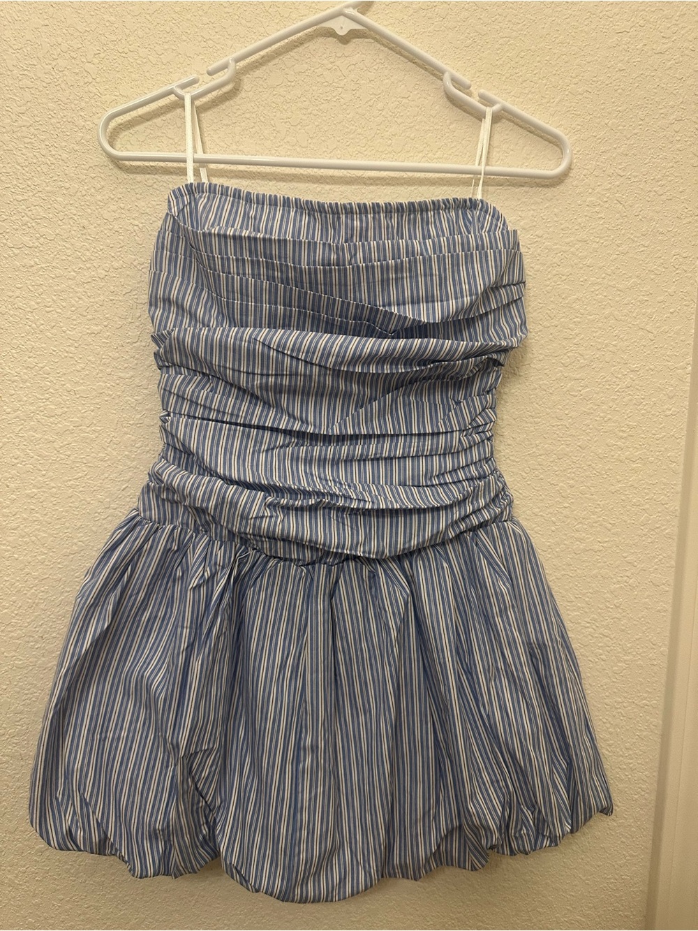 Striped Blue Strapless Mini Dress with Ruched Bodice